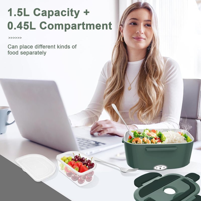 HOLDRUBY Electric Heated Lunch Boxes Adults: 80W Electric Lunch Box Food Heated 12/24/110V 1.5L Heatable Lunch Box for Car/Truck/Office Leak-Proof Stainless Steel Container,Fork & Spoon,Bag (Dark Green) - Image 5